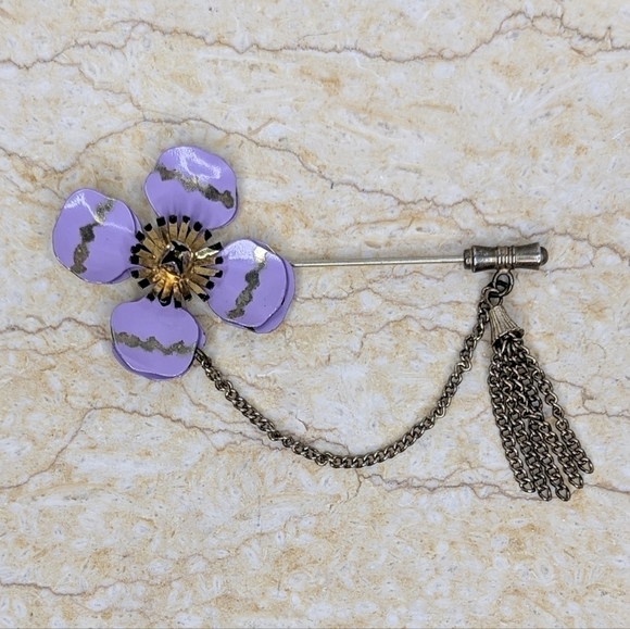 Vintage Jewelry - Vintage Purple Gold Enamel Floral Pin Brooch with Chain Accent